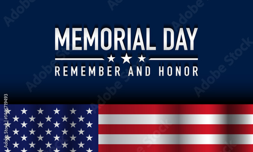 Memorial Day Design Template with Waving USA Flag on Blue Background.