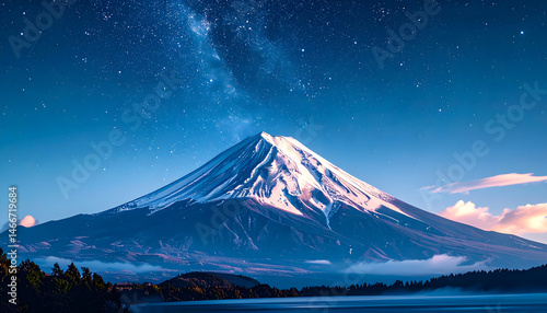 Majestic Mount Fuji at Night Starry Sky Snow Capped Peak Serene Lake
