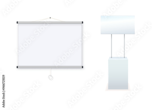 Advertising promotional stands. Realistic modern simple rack or counters multiple promotional desk with sign top clean empty promo tables with signboard white mockup. Vector