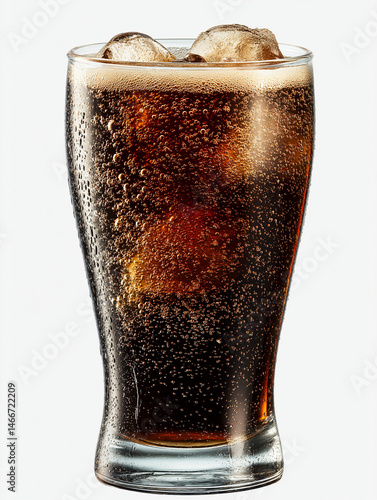Root beer in an old-fashioned soda fountain glass with straw and foam overflow, detailed liquid texture, invisible background, perfect studio lighting