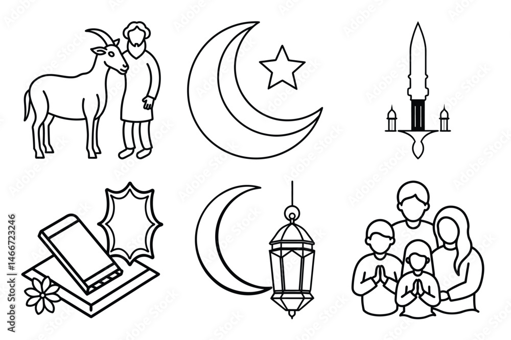 Obraz premium Creative vector line artwork of Eid ul Adha celebration elements and mosque