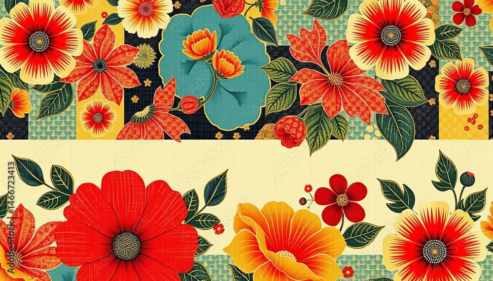 Abstract floral wallpaper design featuring a seamless patchwork pattern of traditional Japanese fabrics, style, digital Abstract floral wallpaper design featuring a seamless patchwork pattern of traditional Japanese fabrics, style, digital