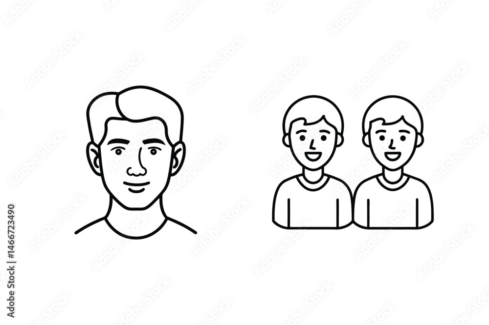 Isolated outlined illustrations featuring smiling male faces portrait and two figures together Isolated outlined illustrations featuring smiling male faces portrait and two figures together
