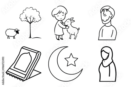 Decorative Eid al Adha minimalist line art with moon and prayer related objects