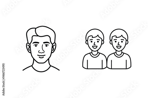 Isolated outlined illustrations featuring smiling male faces portrait and two figures together