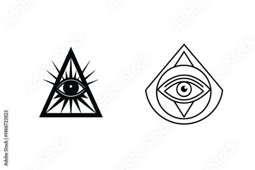 Two black and white vector illustrations of the all-seeing eye symbols on white background