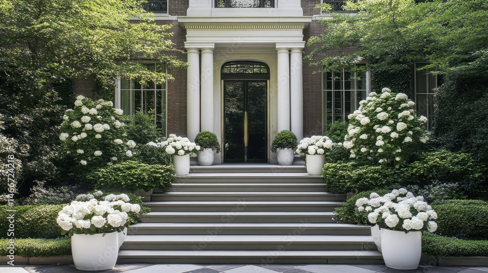 Fototapeta premium Grand Home Entrance with Hydrangeas and Steps Lush Greenery Classic Architecture Exterior Shot