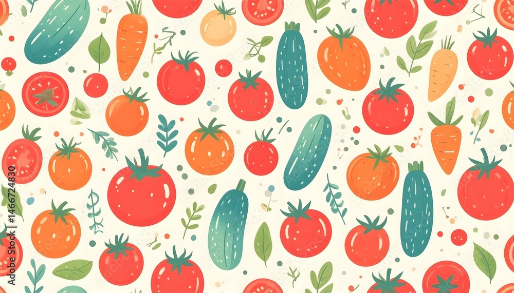 A playful, hand-drawn style pattern features colorful red, orange, and teal tomatoes with green leaves scattered across a speckled cream background A playful, hand-drawn style pattern features colorful red, orange, and teal tomatoes with green leaves scattered across a speckled cream background