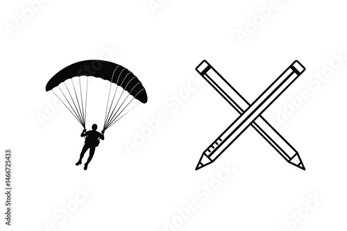 Parachuting silhouette and crossed pencils symbolizing adventure creativity education and design