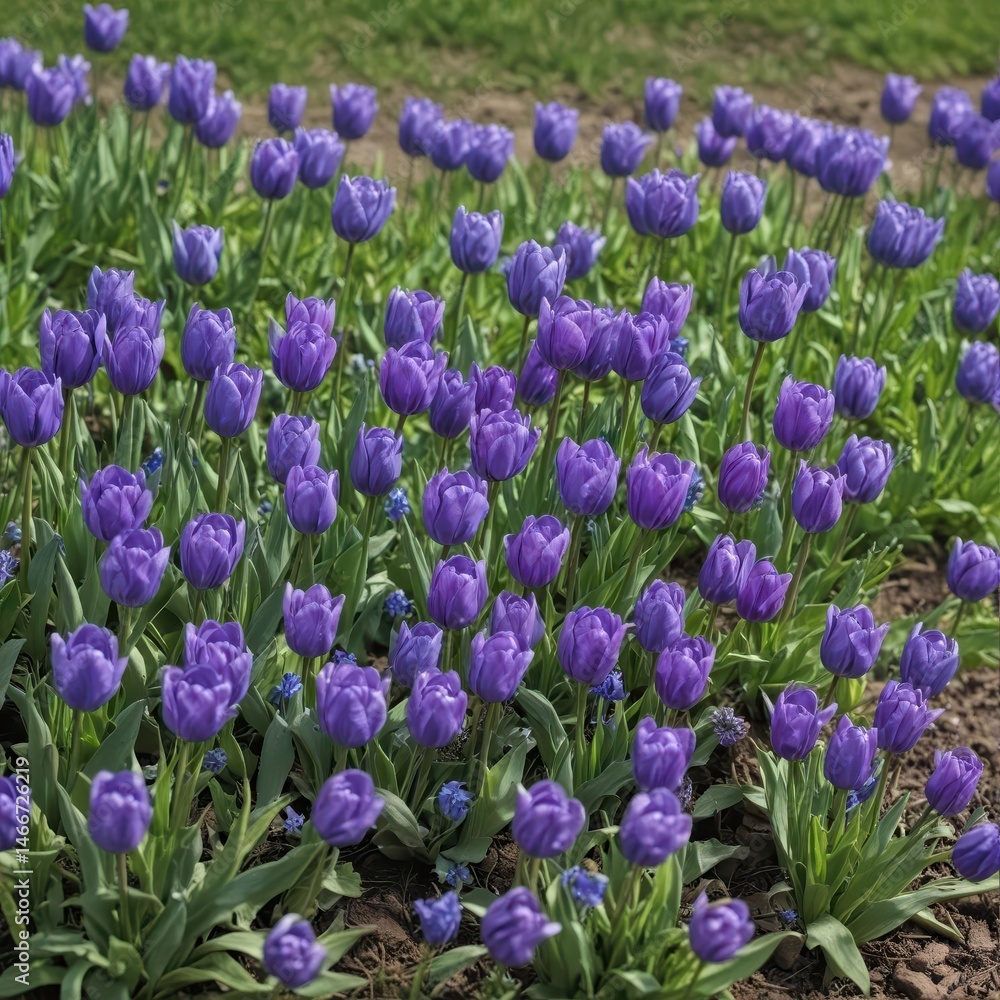Naklejka premium Blue purple tulips & violets, lush green spring field bouquet, spring flowers, flora, garden
