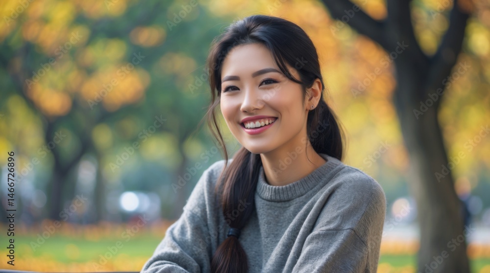 Smiling woman sits in park during autumn with colorful background.
Smiling woman sits in park during autumn with colorful background.