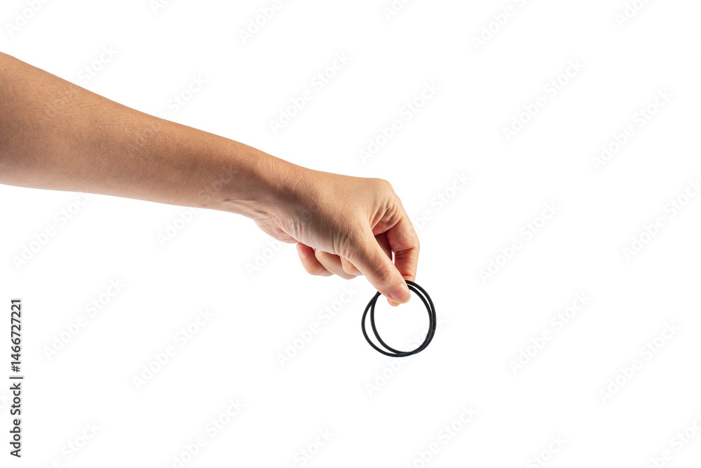 Black rubber band in hand isolated on transparent background Black rubber band in hand isolated on transparent background