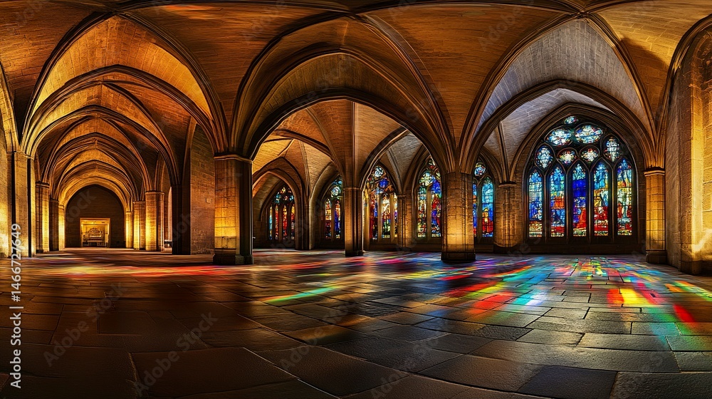 Fototapeta premium Nave of Wakefield Cathedral, ribbed vaults and pointed arches highlighted by ambient lighting, colorful stained glass casting reflections on stone floor, wide-angle interior shot. 