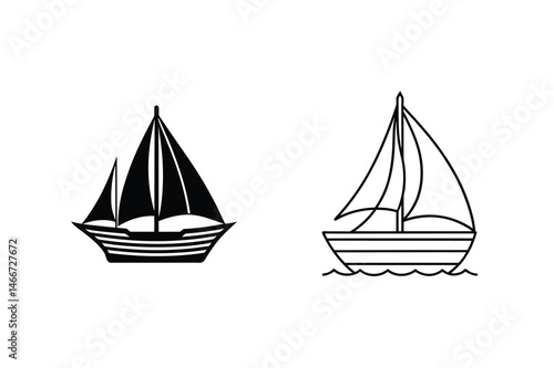 Simple black and white sailboat illustrations featuring outlined and solid sailing vessels