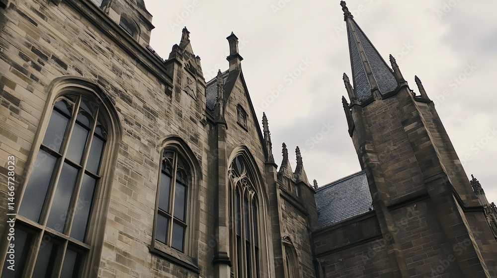 Fototapeta premium Neo-Gothic university building, spires and gargoyles highlighted by diffused light from an overcast sky, intricate stonework and shadowy recesses, wide-angle perspective.