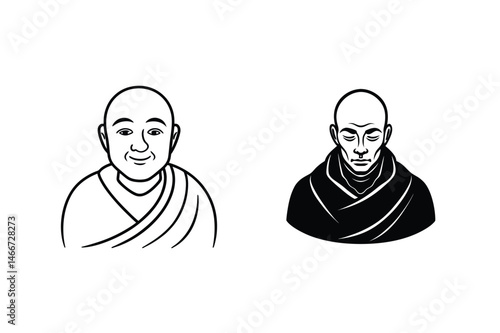 Simple line drawings of two buddhist monks illustrating mindfulness and serenity concepts
