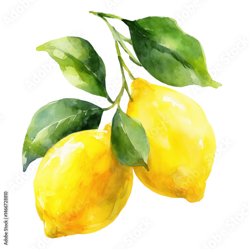Watercolor Painting of Two Lemons on a Branch - Vibrant Citrus Fruits , isolated on white background png