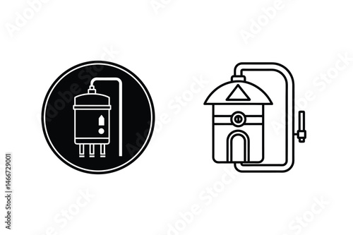 Minimalist black and white illustrations of industrial water tanks and related equipment