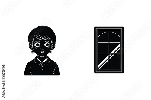 Illustration of a black silhouette boy with a window expressing fear and worry