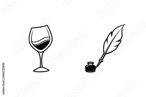 Elegant illustration depicting wine glass and feather pen vector graphics in black and white