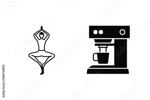 Yoga exercise and coffee machine illustration representing balance wellness and daily routine