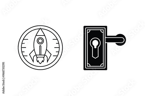 Symbolic vector illustration of a rocket ship launch and door knob isolated on white background