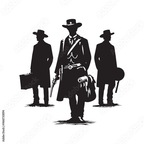 1800s Cowboy Standing Vector Silhouette, Western Icon, Vintage Cowboy Design, Rugged Pioneer Art, Old West Illustration, Western Hero.

