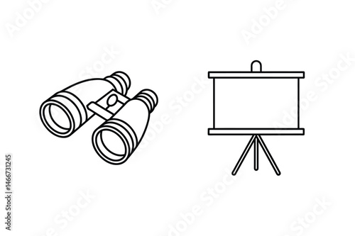Binoculars and presentation board outline icons illustrating concepts of analysis and communication
