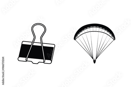 Black and white illustrations of a paper clip and paragliding parachute on a white background