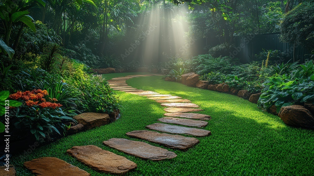 Fototapeta premium Curved Garden Path Illuminated by Sunbeams in a Lush Forest Setting.