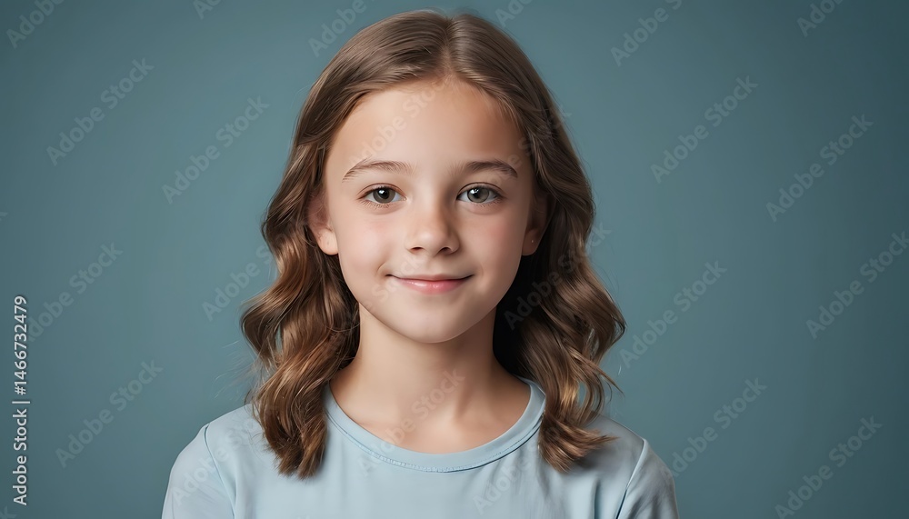 Portrait of Smiling Young Girl with Wavy Hair on Blue Background Portrait of Smiling Young Girl with Wavy Hair on Blue Background