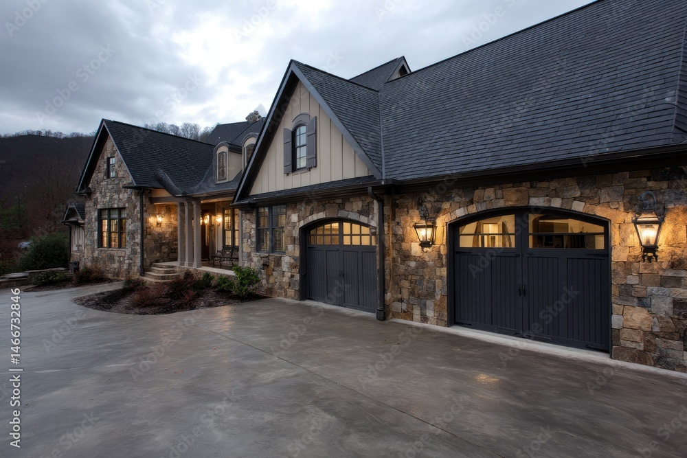 Designer home with split garage doors and custom stone Designer home with split garage doors and custom stone