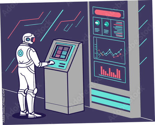 Futuristic robot interacting with investment advisor screen  