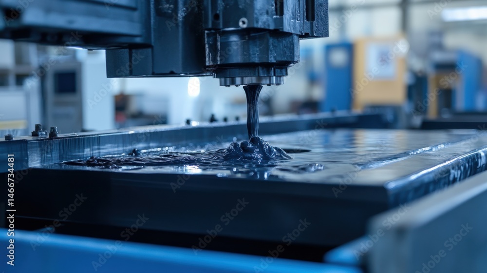 Close-up of injection mold parting line as molten plastic fills cavity, detailed view of metal surface and plastic flow Close-up of injection mold parting line as molten plastic fills cavity, detailed view of metal surface and plastic flow