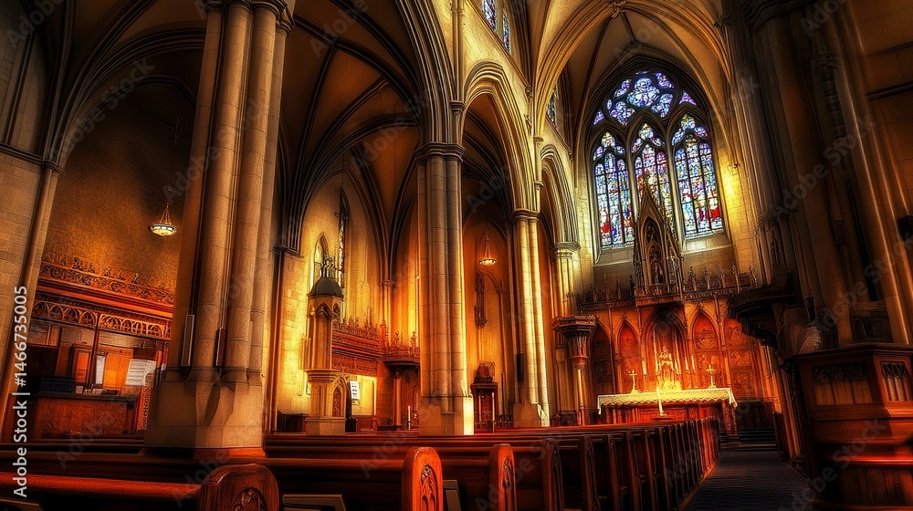 Fototapeta premium Shadowed cathedral interior, faint candlelight highlights the intricate stone pillars, spectral figures in pews blend with dim colors from stained glass, wide framing emphasizes solemnity. 