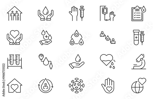 Blood Bank line icon set with blood, donation, plasma, platelets,  transfusion, crossmatch blood bag, hearts, cute blood drop and rh factor. Mobile App, UI, UX, and GUI design.