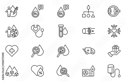 Blood Bank line icon set with blood, donation, plasma, platelets, transfusion, crossmatch blood bag, hearts, cute blood drop and rh factor. Mobile App, UI, UX, and GUI design.