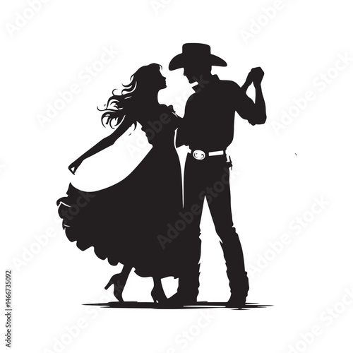 Country Couple Dancing Vector Silhouette, Western Dance, Rustic Romance, Country Music Lovers, Elegant Dance Pose, Country Lifestyle Art.