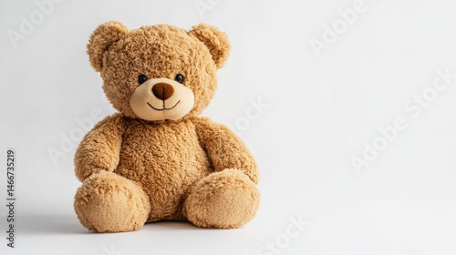 Soft brown teddy bear sits on white background