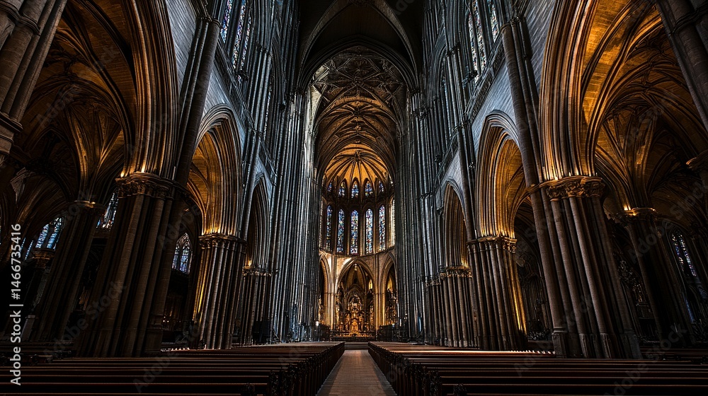 Fototapeta premium Shadowy cathedral nave, intricate stained glass casting faint colored light, towering arches shrouded in darkness, wide symmetrical view. 