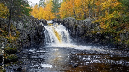 Autumnal waterfall cascading over rocky terrain.