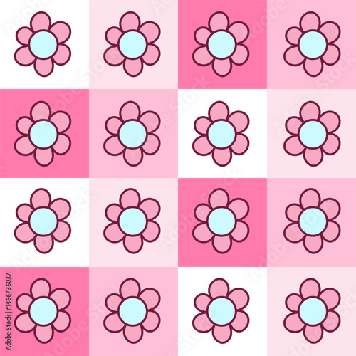 kawaii flower tile pattern design with checkerboard, Soft pastel color background.