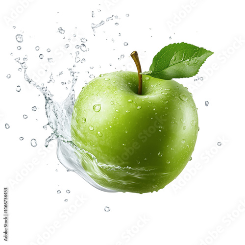 Floating Green Apple with Water Splash and Droplets