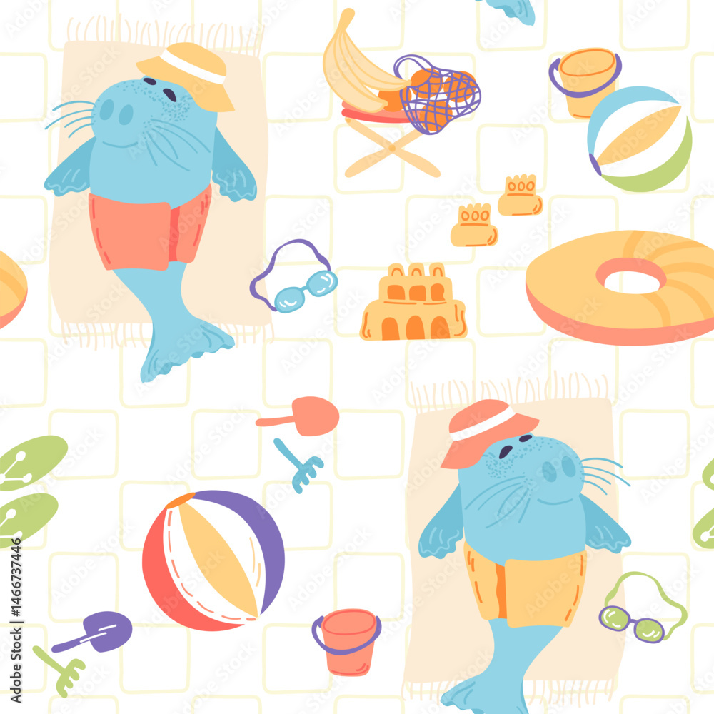 Naklejka premium Cute seal resting on the beach. Vector hand drawn illustration in simple hand drawn modern style. Adorable seamless pattern.