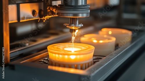 Liquid plastic filling mold cavity under pressure with visible gate and runner system illuminated by factory lights