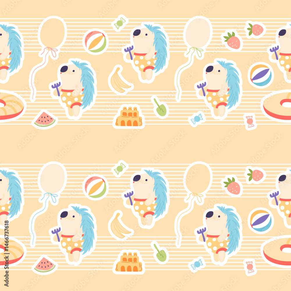 Seamless pattern with cute animals. Vector illustration in a simple modern style. Hedgehog builds a sandcastle and relaxes on the beach. Hand drawn summer print. Seamless pattern with cute animals. Vector illustration in a simple modern style. Hedgehog builds a sandcastle and relaxes on the beach. Hand drawn summer print.