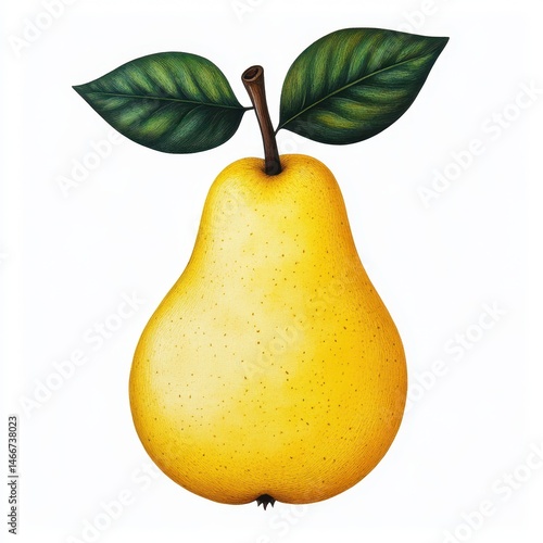 Detailed Illustration of a Ripe Yellow Pear with Green Leaves