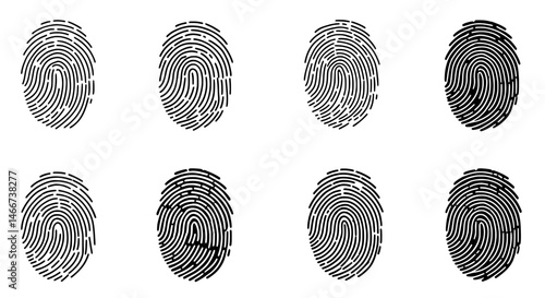 Fingerprint Variations: A collection of eight distinct fingerprint images showcasing variations in ridge detail and clarity, ideal for security or identification contexts.