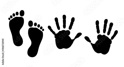 Human Traces: A black and white illustration showcasing the imprint of two feet and two hands, symbolizing movement and presence, leaving their mark.