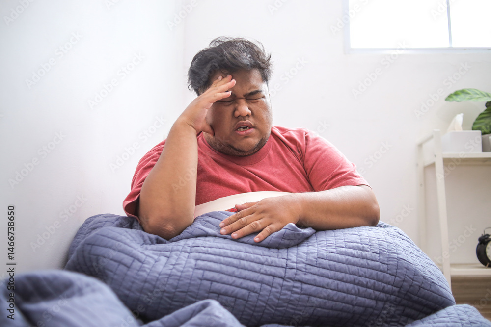 Fat Guy Sits on Bed at Home, Lacking of Sleep and Depression Fat Guy Sits on Bed at Home, Lacking of Sleep and Depression